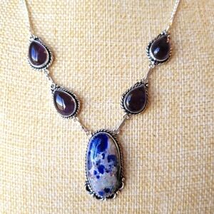 Amethyst & Sodalite Natural Stone Silver Necklace
